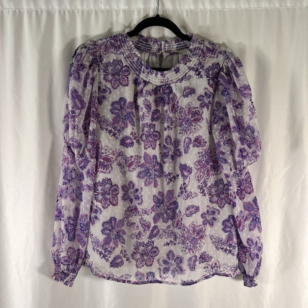 LOFT Blouse Women's Small Purple Floral Textured Balloon Sleeve High Neck Lightw